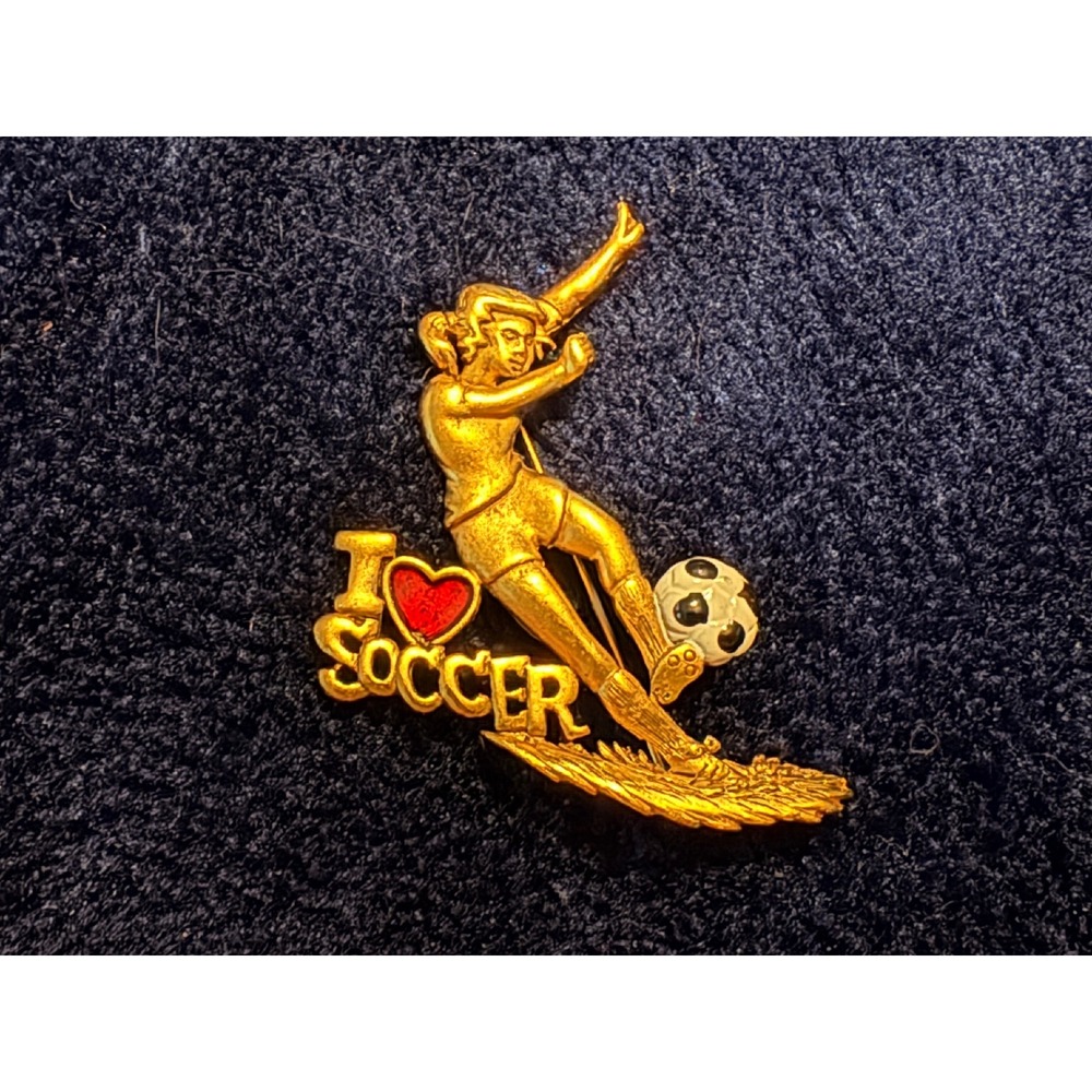 Vintage Gold Tone Dancecraft I Love Soccer - Brooch Pin Women's Sports Jewelry